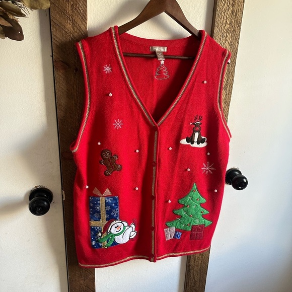 VTG White Stag Festive Whimsical Christmas Sweater Vest Trees Snowman Women’s - Picture 7 of 13